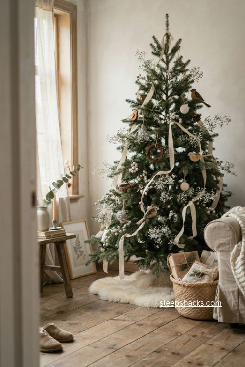woodland christmas tree with snowy berries birds grapevine nests and faux fur skirt 