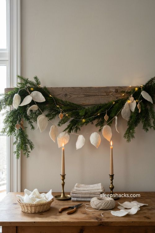 wool felt leaf Christmas garland layered over evergreen with neutral mantel decor 