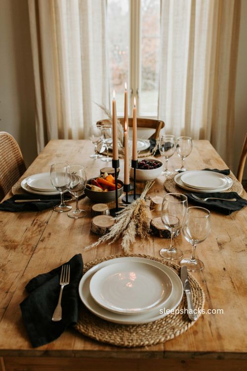 woven placemats with black and white thanksgiving table decor and natural textures
