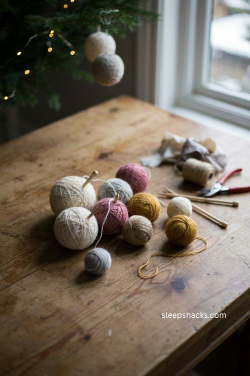 yarn wrapped ball ornaments cozy diy christmas tree decor leftover yarn craft 