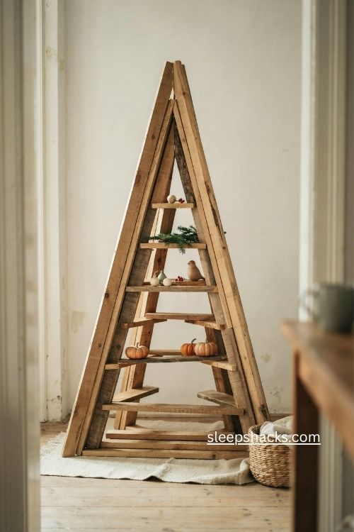 2x4 Christmas tree diy with little wooden shelves mini ornaments pumpkins rustic holiday decor 
