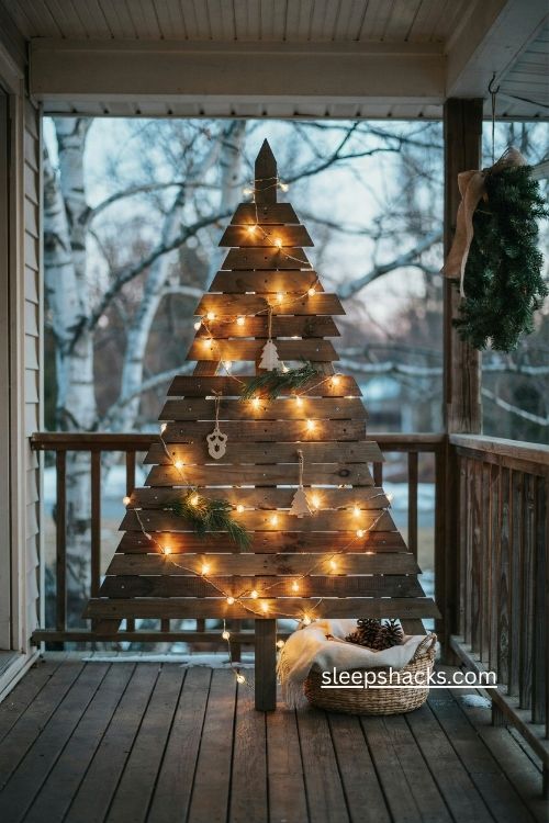 2x4 Christmas tree diy wrapped in warm white string lights rustic porch Christmas decor 
