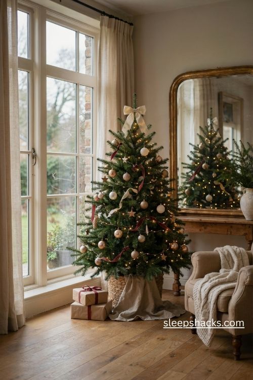 4ft Christmas tree decorating ideas beside a window and antique mirror with warm twinkling lights