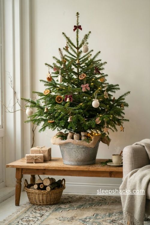 4ft Christmas tree decorating ideas in a galvanized bucket with burlap and faux snow