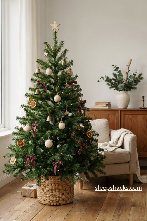 4ft Christmas tree decorating ideas with a woven rattan tree collar and natural ornaments