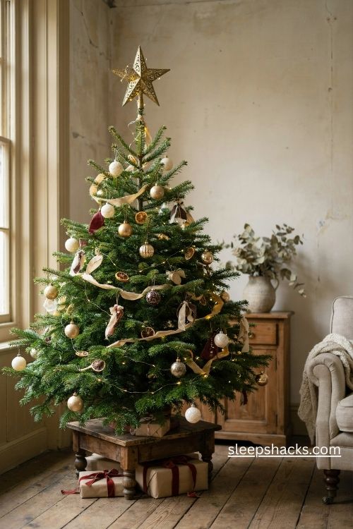 4ft Christmas tree decorating ideas with an oversized velvet bow and elegant statement topper