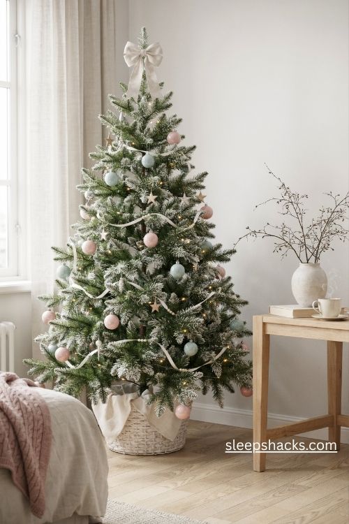 4ft Christmas tree decorating ideas with blush pink mint green and powder blue pastel ornaments