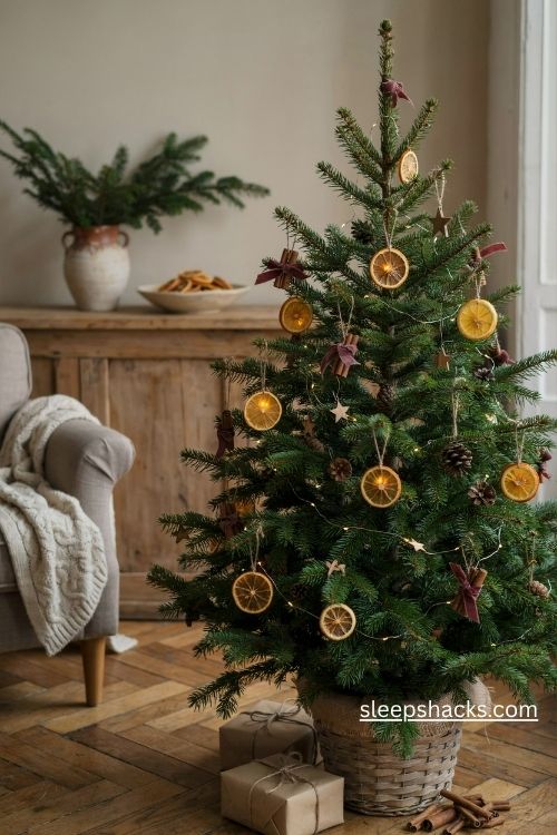 4ft Christmas tree decorating ideas with dried orange slices cinnamon stick ornaments and natural twine