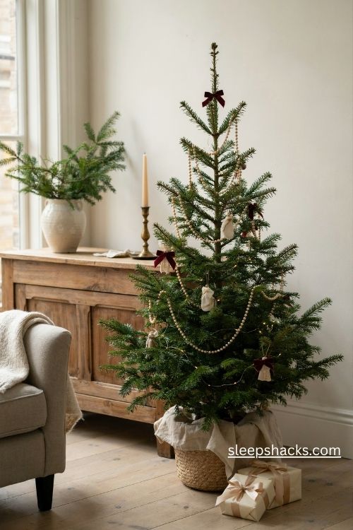 4ft Christmas tree decorating ideas with elegant champagne pearl bead garland