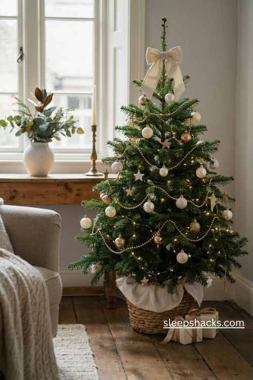 4ft Christmas tree decorating ideas with gold ornaments cream velvet bows and pearl baubles
