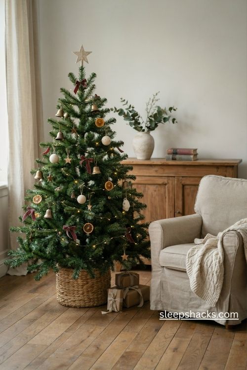 4ft Christmas tree decorating ideas with handmade kraft paper stars and vintage book page ornaments