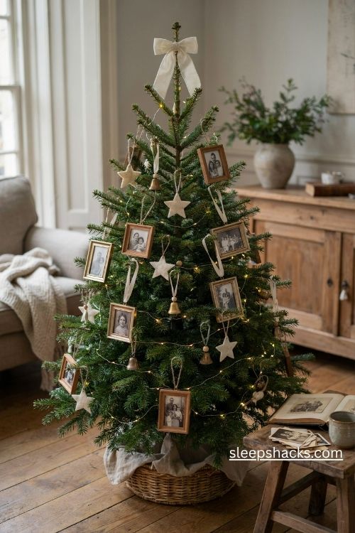 4ft Christmas tree decorating ideas with miniature black and white photo frame ornaments