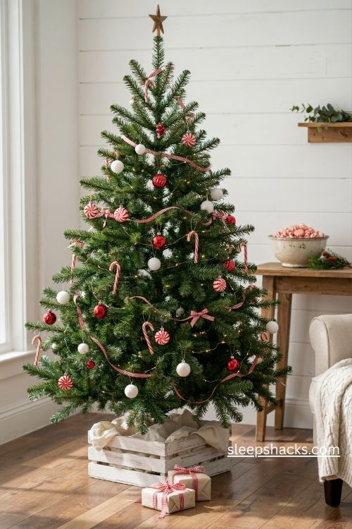 4ft Christmas tree decorating ideas with red and white candy canes and gingham ribbon