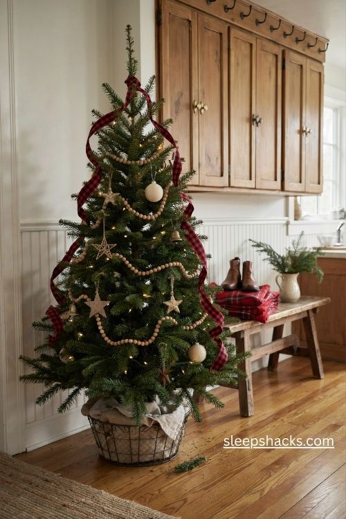 4ft Christmas tree decorating ideas with red buffalo plaid ribbon and rustic farmhouse ornaments