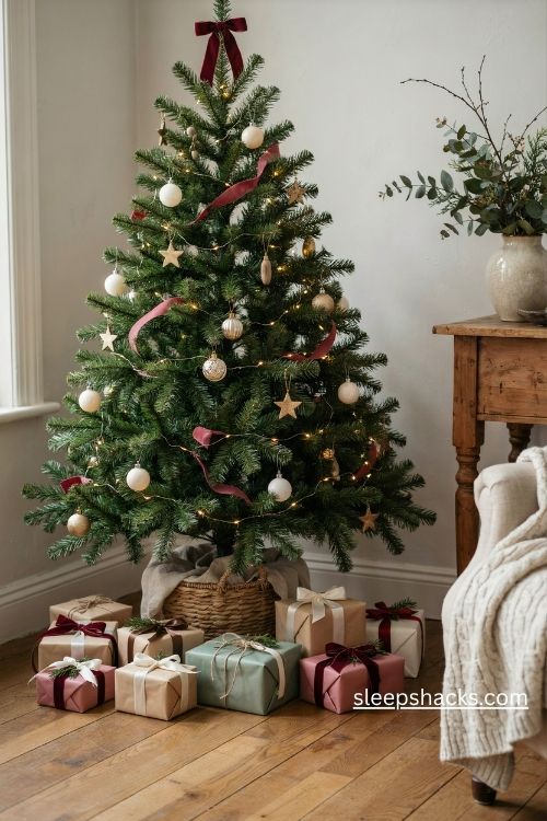 4ft Christmas tree decorating ideas with tiny wrapped gifts and matching velvet ribbons
