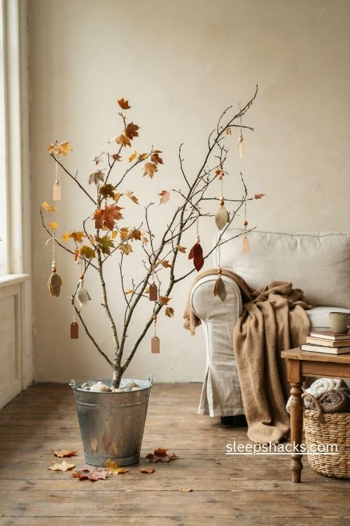 A branch tree in a galvanized bucket with rustic fall ornaments
