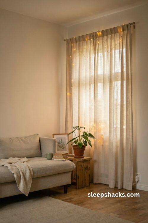 A glowing fairy lights living room window behind sheer cream curtains in a cozy small apartment