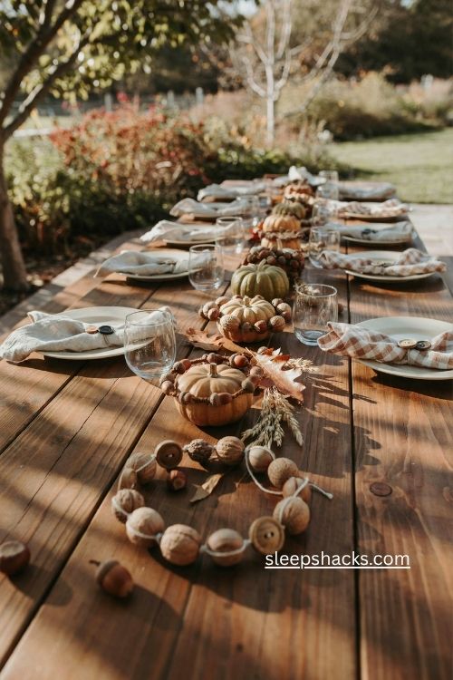 Acorn and nut napkin rings with linen napkins for an outdoor thanksgiving table 