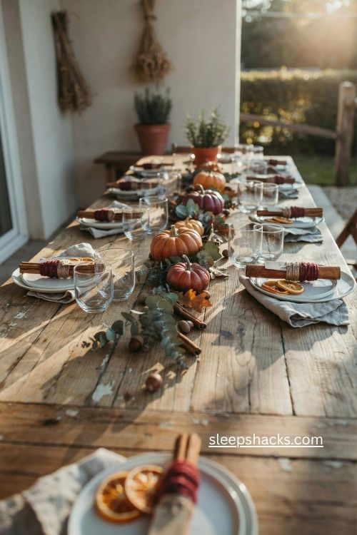 Acorn and nut napkin rings with linen napkins on an outdoor thanksgiving table 