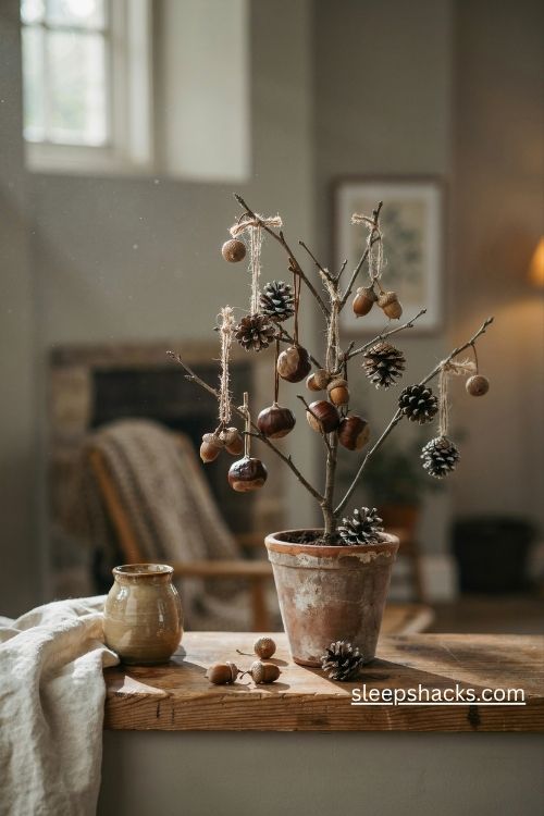 Acorn and pinecone ornament tree with rustic woodland charm