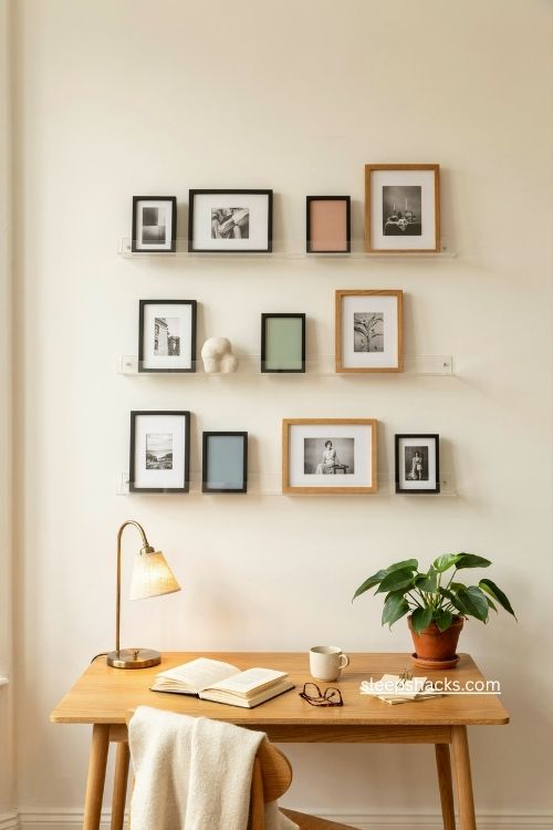 Acrylic gallery shelves with layered photo frames above a cozy home office desk