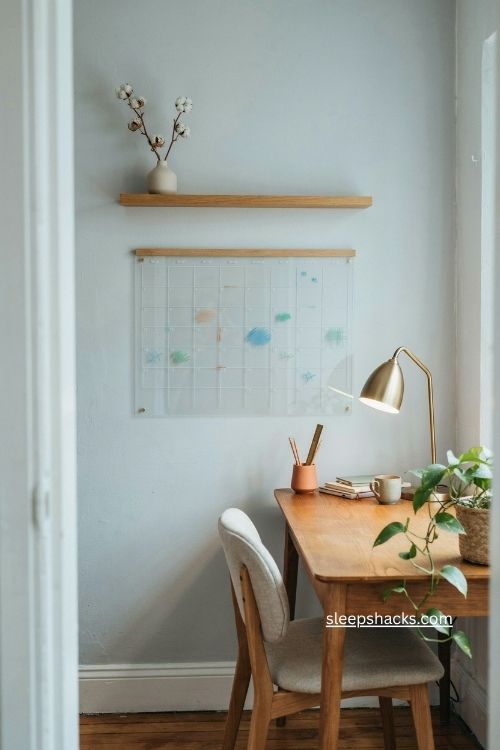 Acrylic wall calendar beside a cozy wooden desk in a small home office