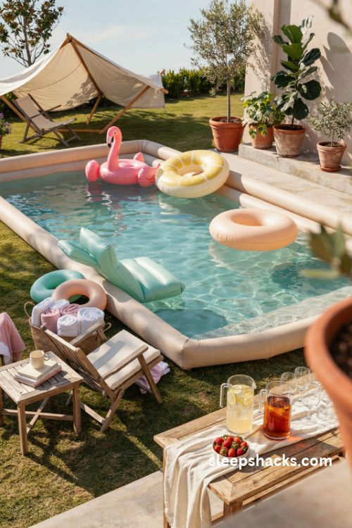 Adult inflatable pool party setup with colorful floats lemonade and summer towels