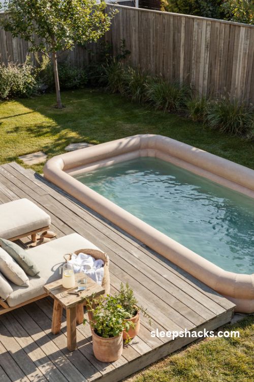 Adult inflatable pool surrounded by a diy pallet deck with cozy outdoor lounge seating