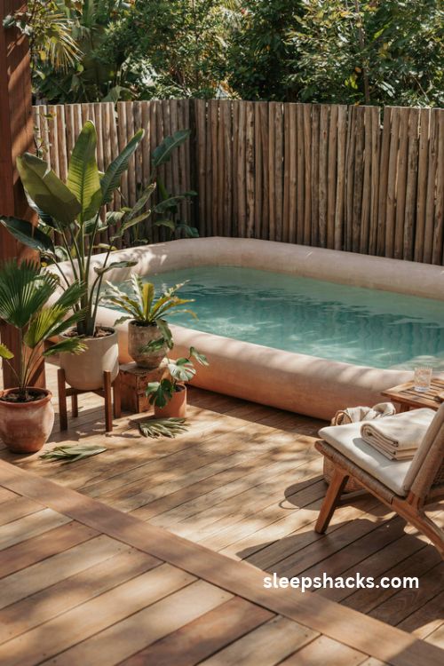 Adult inflatable pool surrounded by tropical potted plants and a bamboo privacy screen