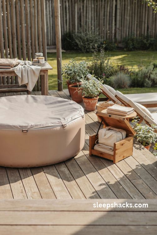 Adult inflatable pool with a fitted protective cover and organized backyard storage ideas