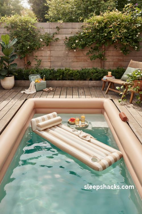 Adult inflatable pool with a floating lounger drink tray and refreshing summer accessories