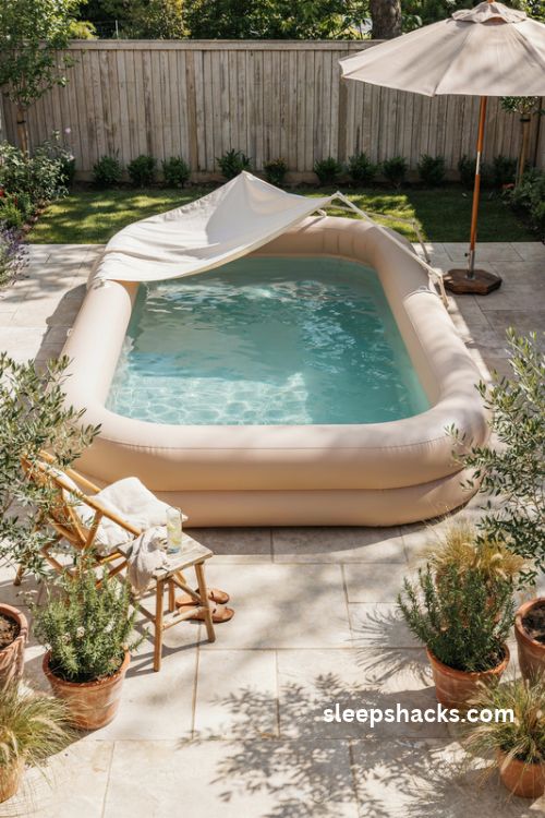 Adult inflatable pool with a removable shade canopy for a cool relaxing backyard retreat