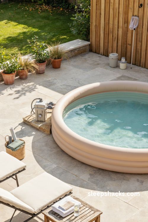 Adult inflatable pool with filter pump and clean clear water in a relaxing backyard