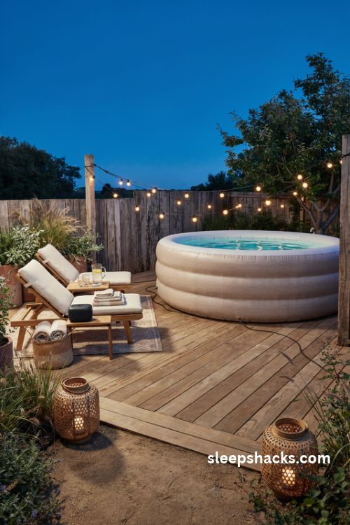 Adult inflatable pool with warm string lights and cozy evening backyard decor