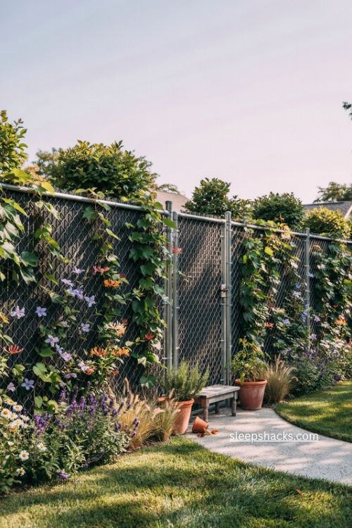 Affordable chain link fence ideas dressed up with climbing vines and lush garden greenery