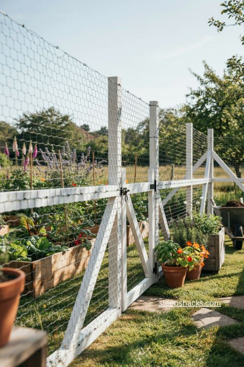 Affordable chicken wire fence ideas with white wood frames for a charming cottage garden