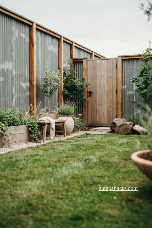 Affordable corrugated metal fence ideas with warm cedar posts for a modern farmhouse yard