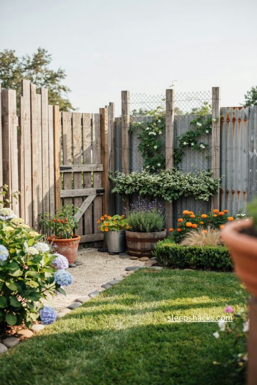 Affordable fence ideas for a private backyard with rustic wood, wire mesh and green hedges