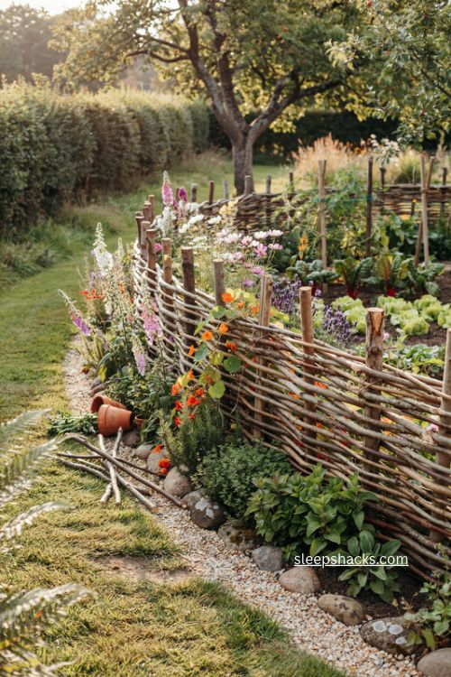 Affordable handmade wattle fence ideas with woven branches for a rustic cottage garden