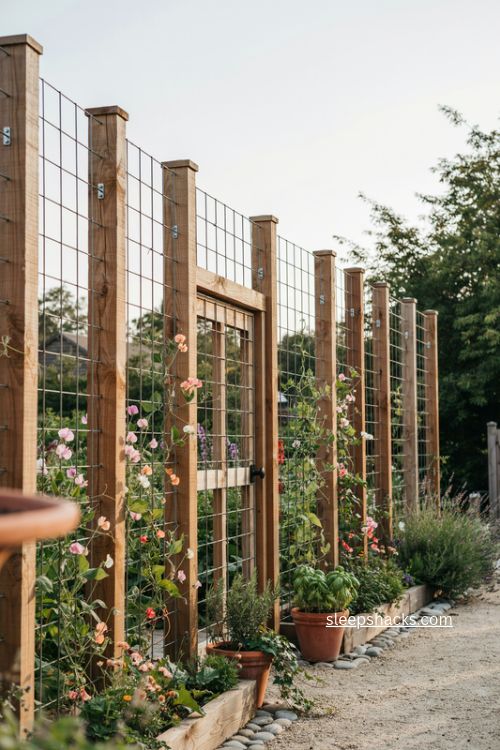 Affordable hog wire fence ideas with wooden posts and climbing garden vines