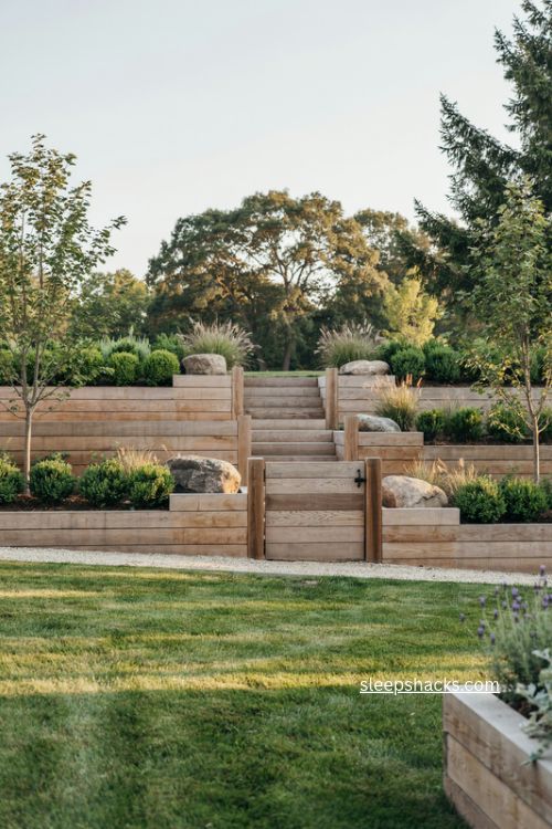 Affordable horizontal plank fence ideas for a sloped yard with warm stained wood