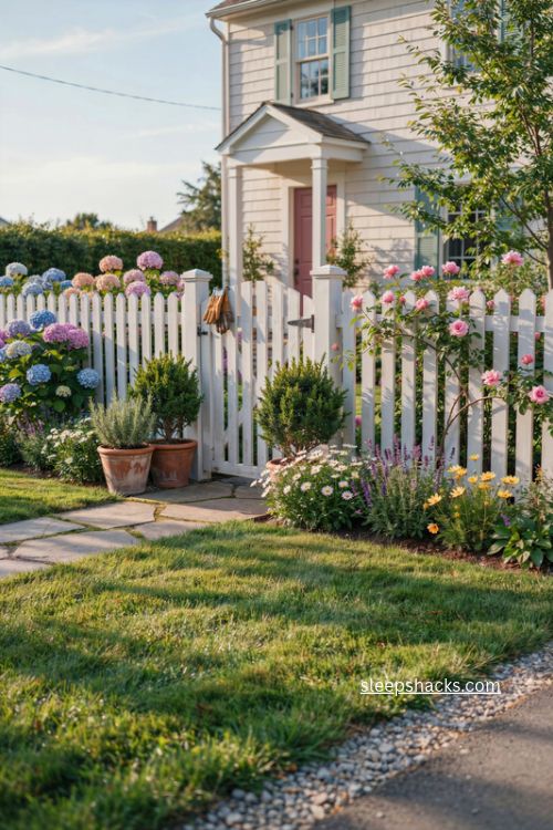 Affordable low picket fence ideas with white cottage garden flowers and roses