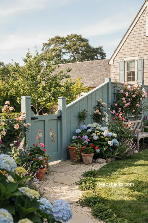 Affordable painted fence ideas with soft sage green color and cottage garden flowers 