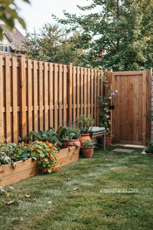 Affordable pressure treated pine privacy fence ideas with warm walnut stain for a cozy backyard