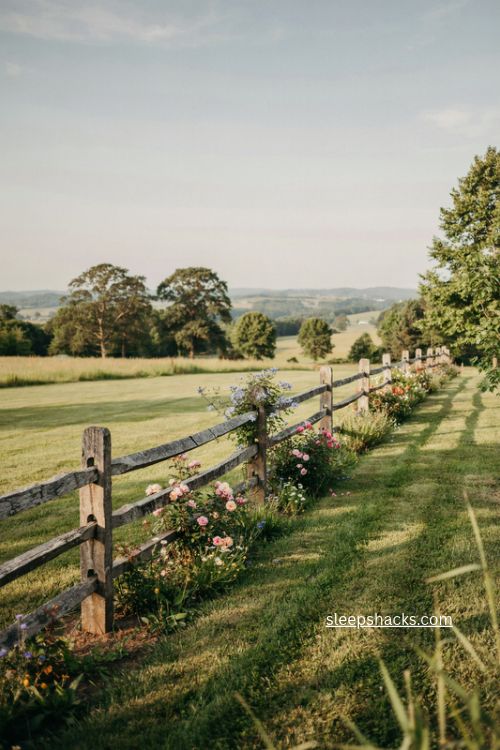 Affordable split rail fence ideas with rustic cedar rails and climbing roses for a country backyard