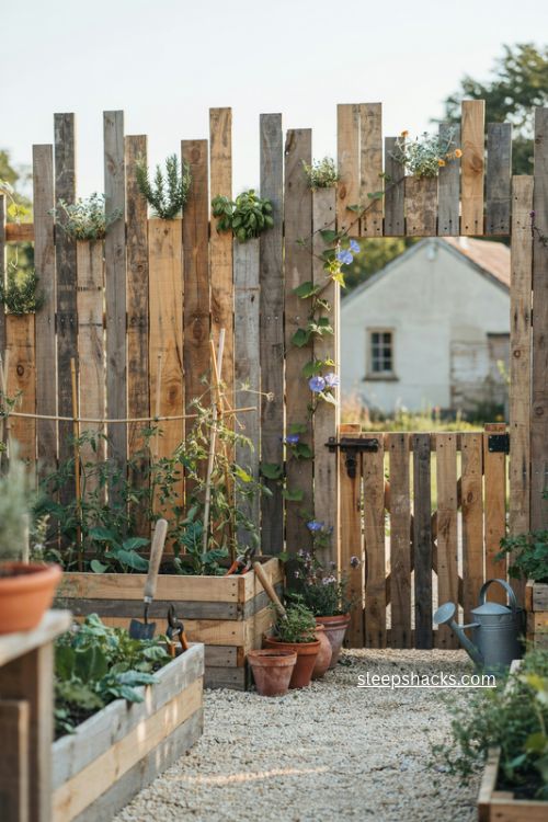 Affordable upcycled pallet fence ideas with rustic wood and herb planters for a garden
