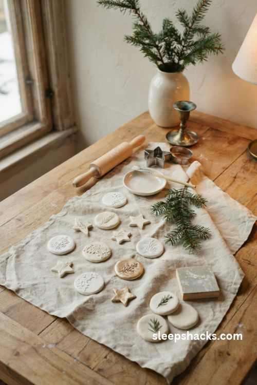 Air dry clay christmas ornaments with pressed pine sprigs lace textures and ivory gold finishes