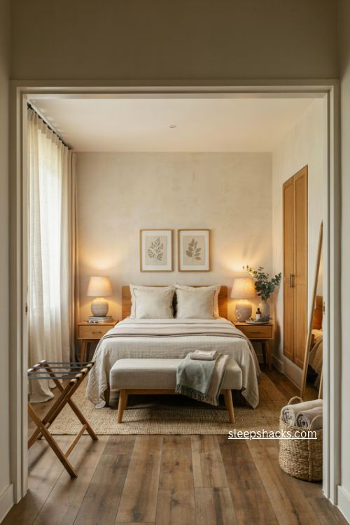 Airbnb guest bedroom ideas with cozy neutral bedding and practical storage