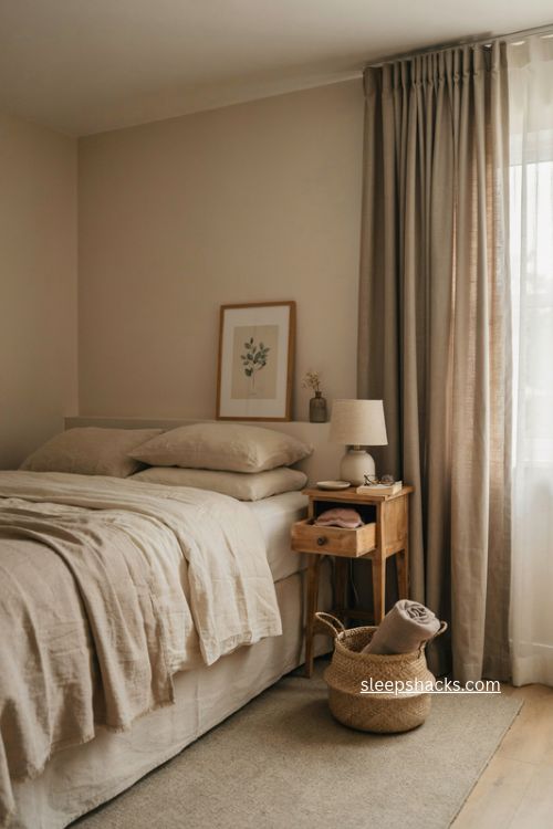 Airbnb guest bedroom with blackout curtains and cozy sleep friendly decor