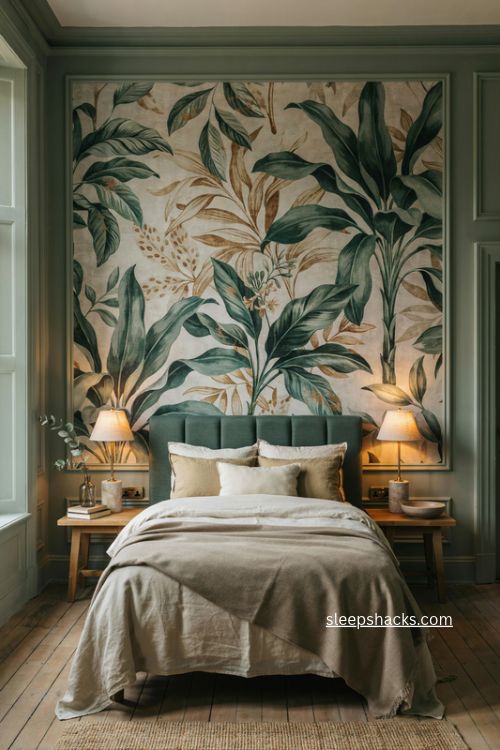 Airbnb guest bedroom with bold botanical wallpaper behind the bed